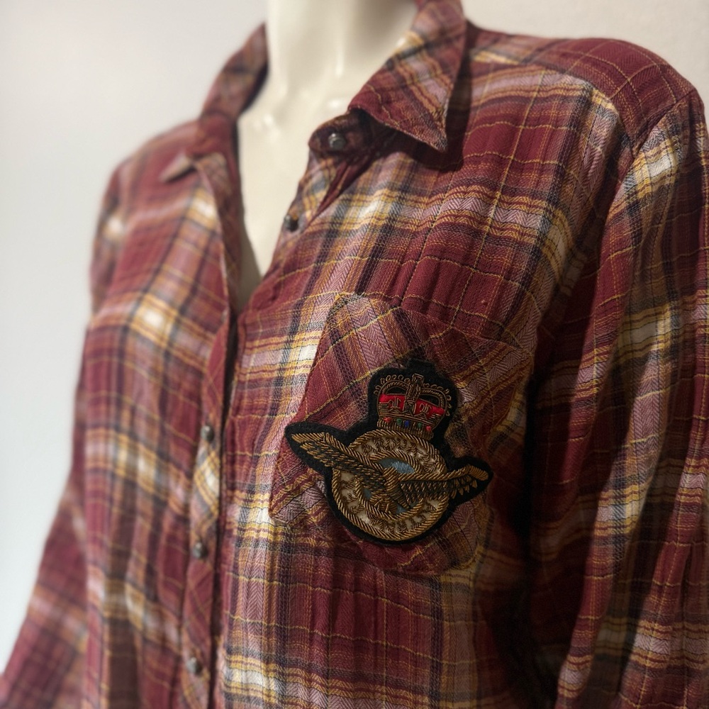 Aratta Silent Journey Heart Breaker Gauzy Plaid & Roses Burnout Shirt Size Med - Picture 10 of 11